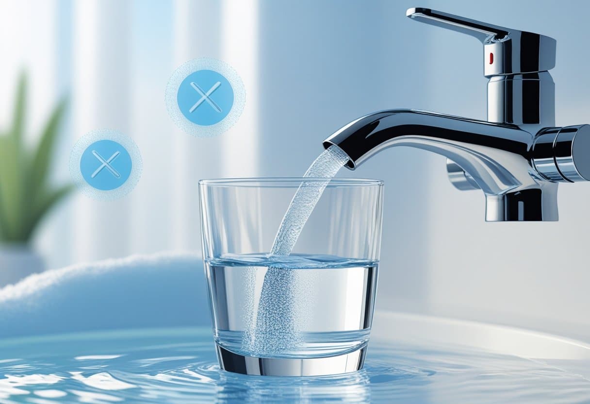 A clear stream of water flowing from a faucet into a glass, with subtle icons representing removed minerals around it.