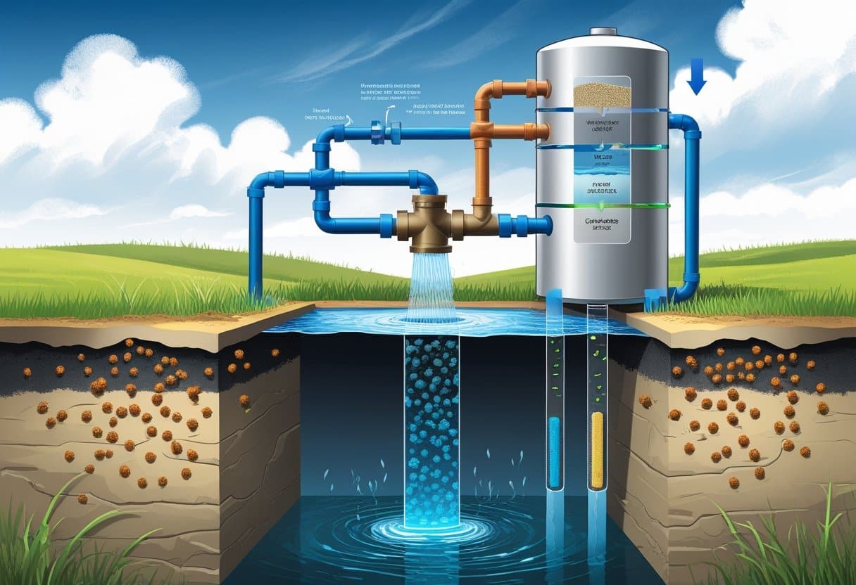 Cross-sectional view of a well with water flowing through a filtration system that removes iron bacteria, showing clean water exiting the filter.